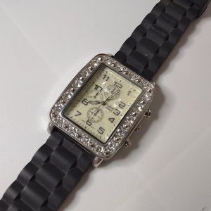 Large Rectangular Watch With Black Rubber Band